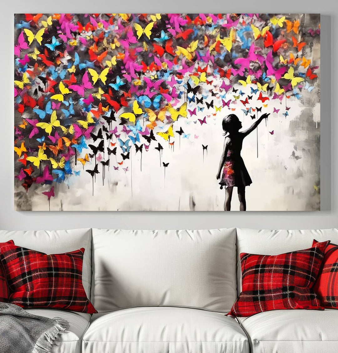 Banksy Butterflies Girl Wall Art Canvas Print | 3 Panel Butterfly Graffiti Artwork for Living Room, Office Decor, Street Art Canvas for Modern Homes