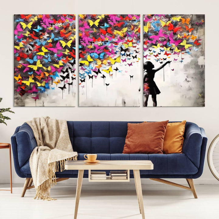 Banksy Butterflies Girl Wall Art Canvas Print | 3 Panel Butterfly Graffiti Artwork for Living Room, Office Decor, Street Art Canvas for Modern Homes