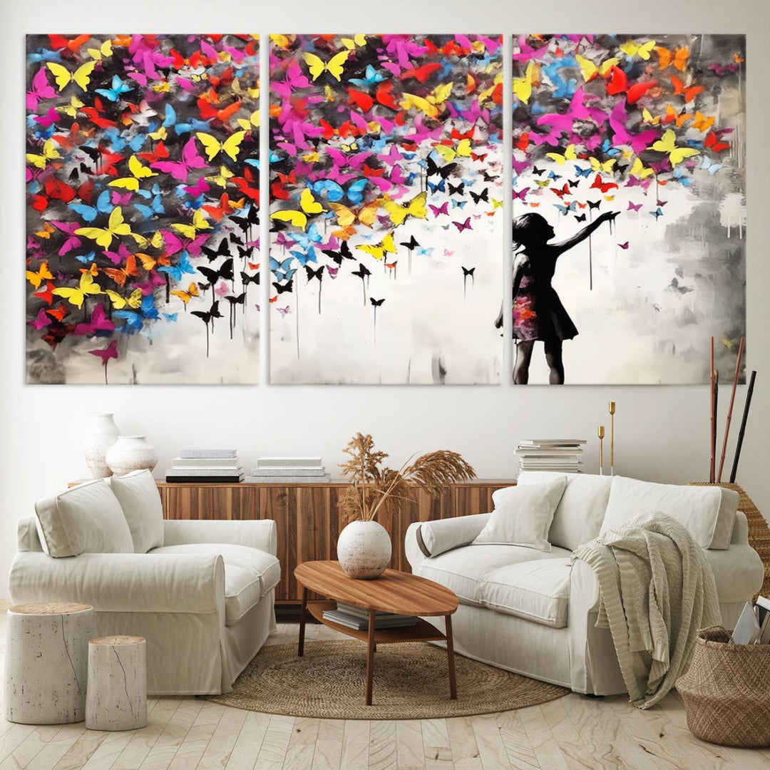 Banksy Butterflies Girl Wall Art Canvas Print | 3 Panel Butterfly Graffiti Artwork for Living Room, Office Decor, Street Art Canvas for Modern Homes