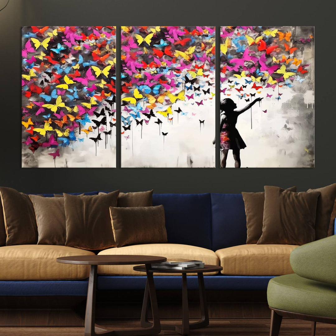 Banksy Butterflies Girl Wall Art Canvas Print | 3 Panel Butterfly Graffiti Artwork for Living Room, Office Decor, Street Art Canvas for Modern Homes