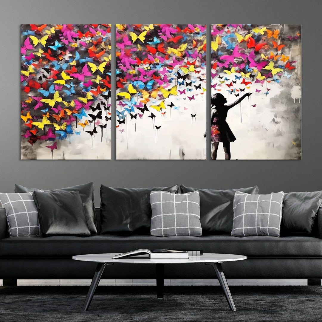 Banksy Butterflies Girl Wall Art Canvas Print | 3 Panel Butterfly Graffiti Artwork for Living Room, Office Decor, Street Art Canvas for Modern Homes