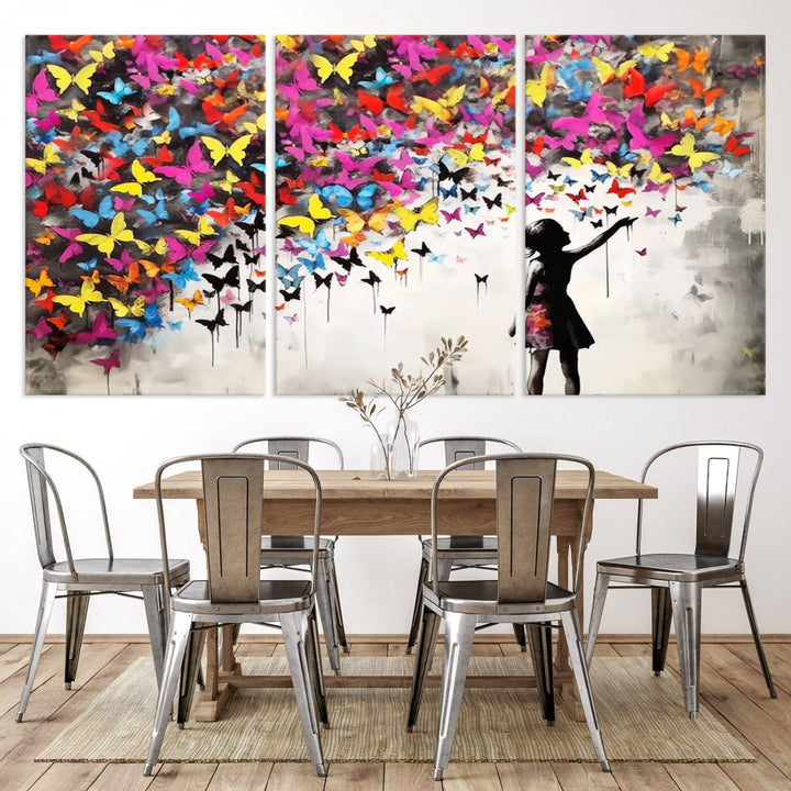 Banksy Butterflies Girl Wall Art Canvas Print | 3 Panel Butterfly Graffiti Artwork for Living Room, Office Decor, Street Art Canvas for Modern Homes