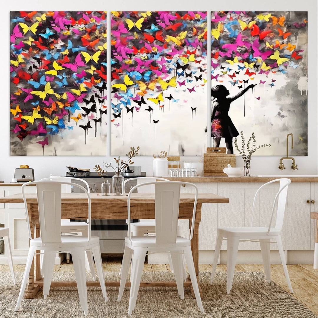 Banksy Butterflies Girl Wall Art Canvas Print | 3 Panel Butterfly Graffiti Artwork for Living Room, Office Decor, Street Art Canvas for Modern Homes