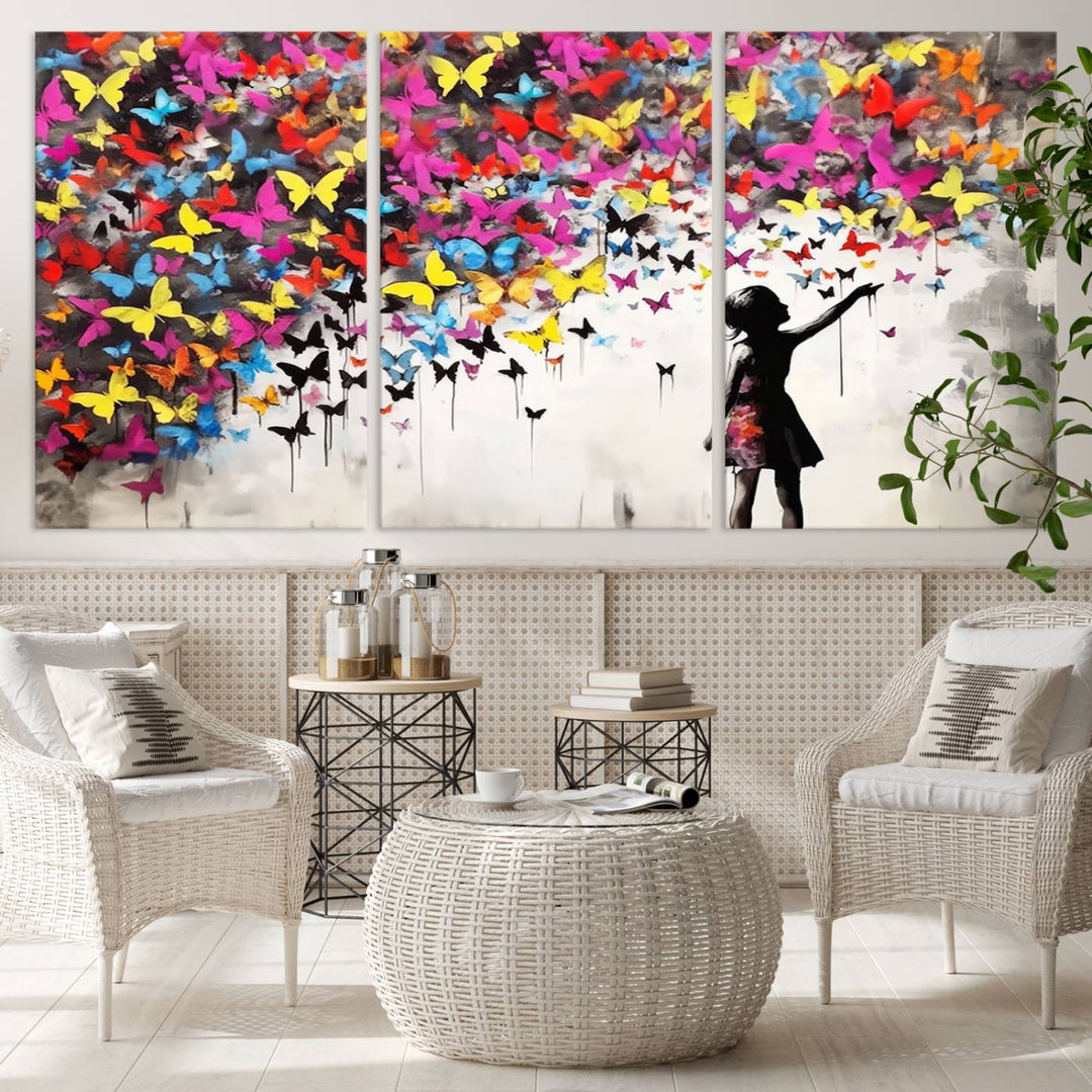 Banksy Butterflies Girl Wall Art Canvas Print | 3 Panel Butterfly Graffiti Artwork for Living Room, Office Decor, Street Art Canvas for Modern Homes