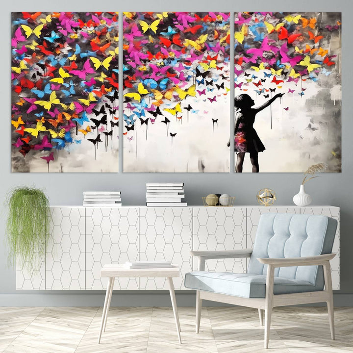 Banksy Butterflies Girl Wall Art Canvas Print | 3 Panel Butterfly Graffiti Artwork for Living Room, Office Decor, Street Art Canvas for Modern Homes