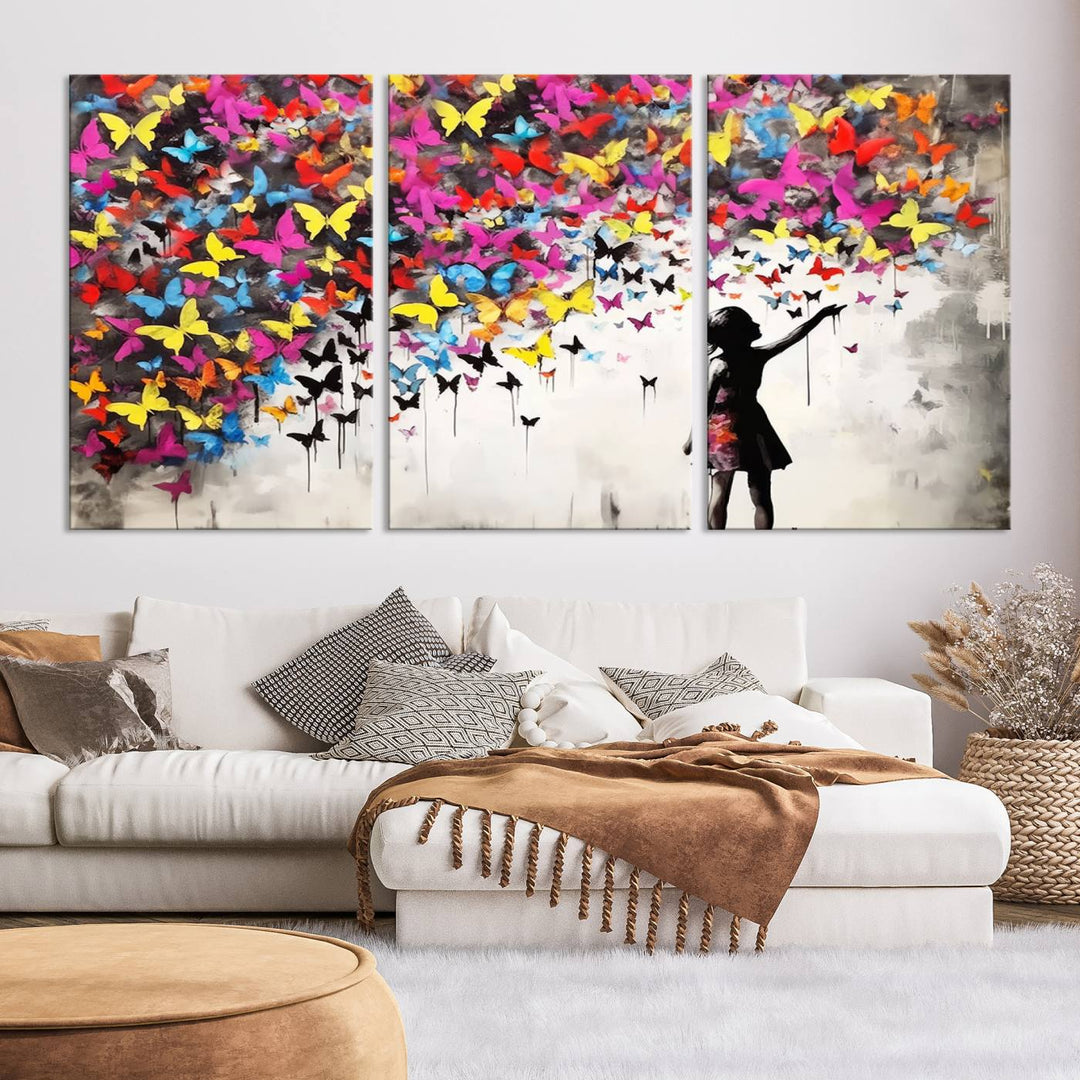 Banksy Butterflies Girl Wall Art Canvas Print | 3 Panel Butterfly Graffiti Artwork for Living Room, Office Decor, Street Art Canvas for Modern Homes