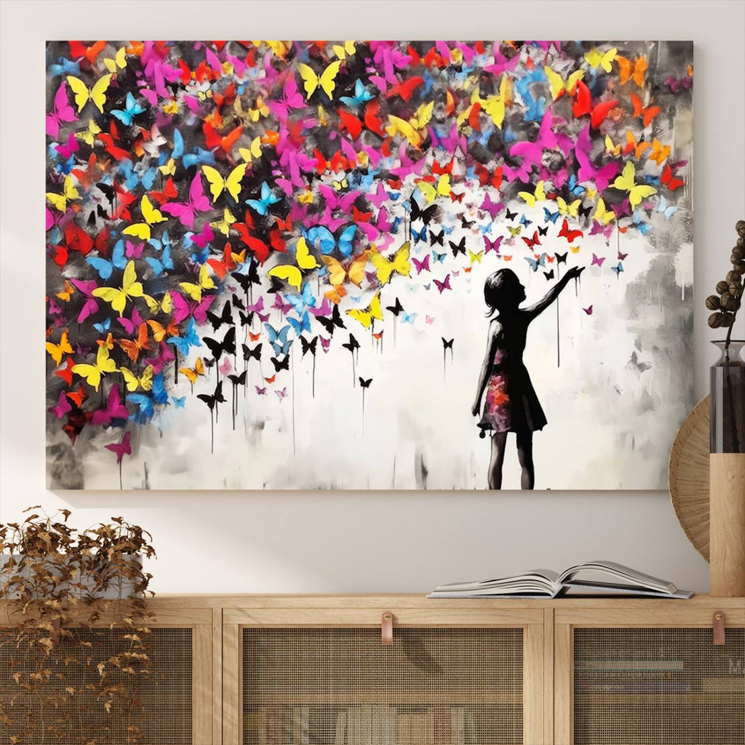 Banksy Butterflies Girl Wall Art Canvas Print | 3 Panel Butterfly Graffiti Artwork for Living Room, Office Decor, Street Art Canvas for Modern Homes