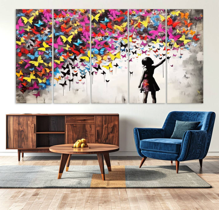 Banksy Butterflies Girl Wall Art Canvas Print | 3 Panel Butterfly Graffiti Artwork for Living Room, Office Decor, Street Art Canvas for Modern Homes