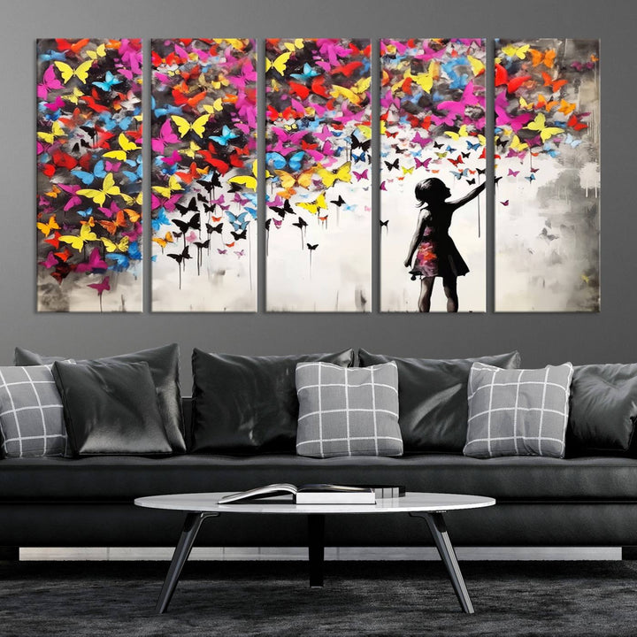 Banksy Butterflies Girl Wall Art Canvas Print | 3 Panel Butterfly Graffiti Artwork for Living Room, Office Decor, Street Art Canvas for Modern Homes