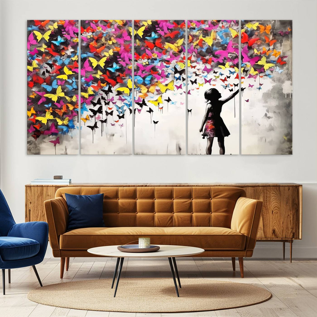 Banksy Butterflies Girl Wall Art Canvas Print | 3 Panel Butterfly Graffiti Artwork for Living Room, Office Decor, Street Art Canvas for Modern Homes