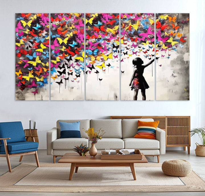 Banksy Butterflies Girl Wall Art Canvas Print | 3 Panel Butterfly Graffiti Artwork for Living Room, Office Decor, Street Art Canvas for Modern Homes