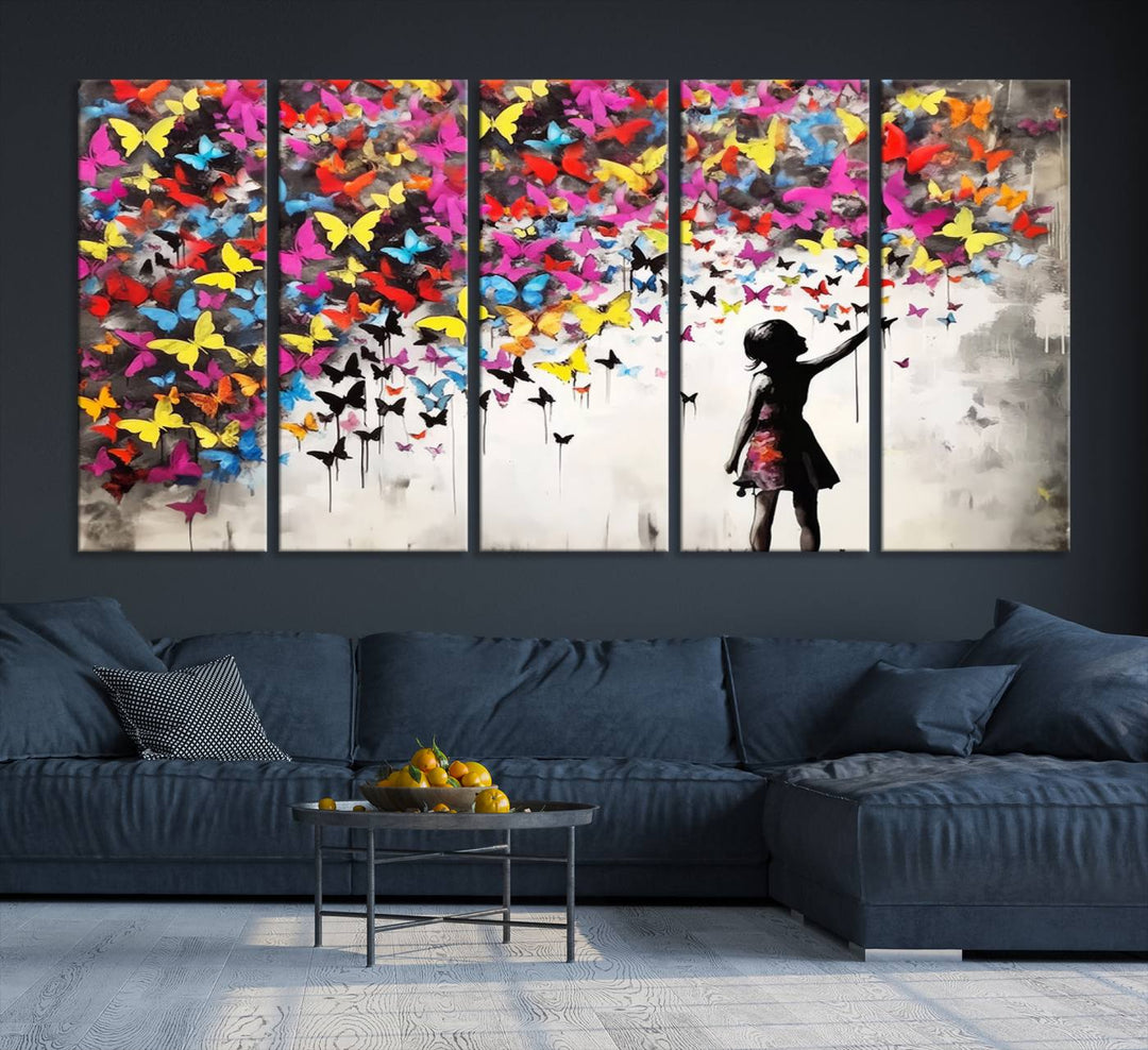 Banksy Butterflies Girl Wall Art Canvas Print | 3 Panel Butterfly Graffiti Artwork for Living Room, Office Decor, Street Art Canvas for Modern Homes