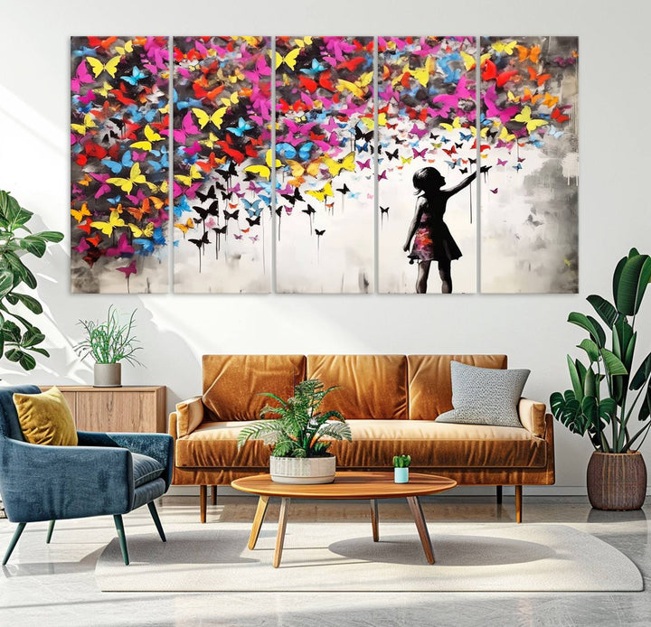 Banksy Butterflies Girl Wall Art Canvas Print | 3 Panel Butterfly Graffiti Artwork for Living Room, Office Decor, Street Art Canvas for Modern Homes