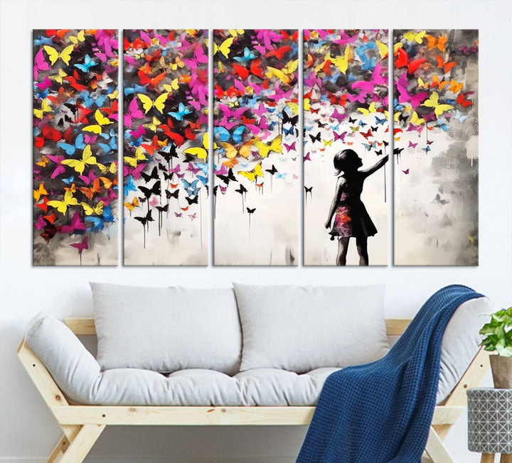 Banksy Butterflies Girl Wall Art Canvas Print | 3 Panel Butterfly Graffiti Artwork for Living Room, Office Decor, Street Art Canvas for Modern Homes