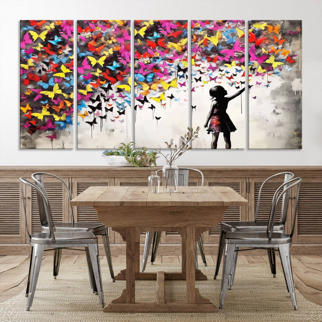 Banksy Butterflies Girl Wall Art Canvas Print | 3 Panel Butterfly Graffiti Artwork for Living Room, Office Decor, Street Art Canvas for Modern Homes