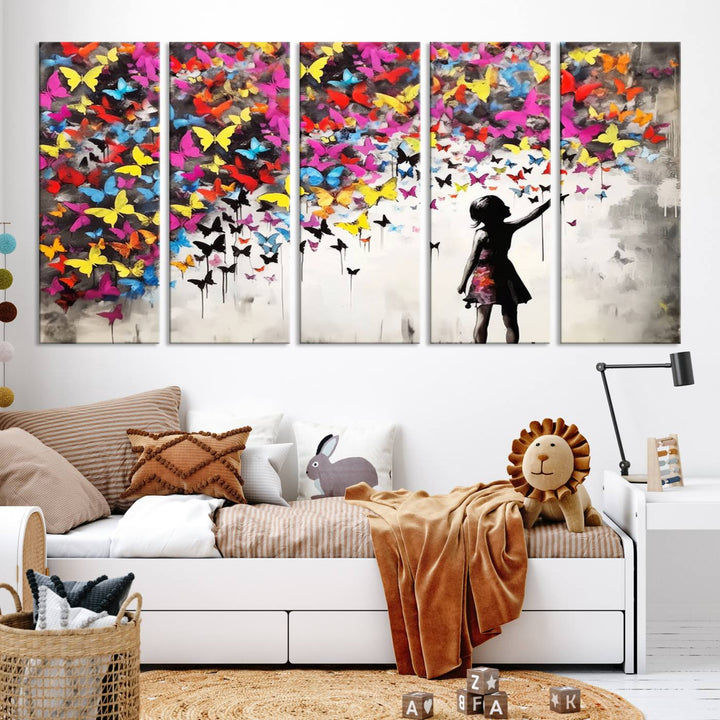 Banksy Butterflies Girl Wall Art Canvas Print | 3 Panel Butterfly Graffiti Artwork for Living Room, Office Decor, Street Art Canvas for Modern Homes