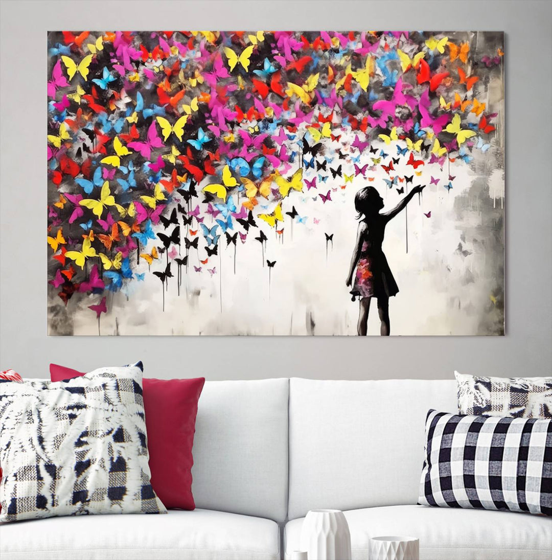 Banksy Butterflies Girl Wall Art Canvas Print | 3 Panel Butterfly Graffiti Artwork for Living Room, Office Decor, Street Art Canvas for Modern Homes