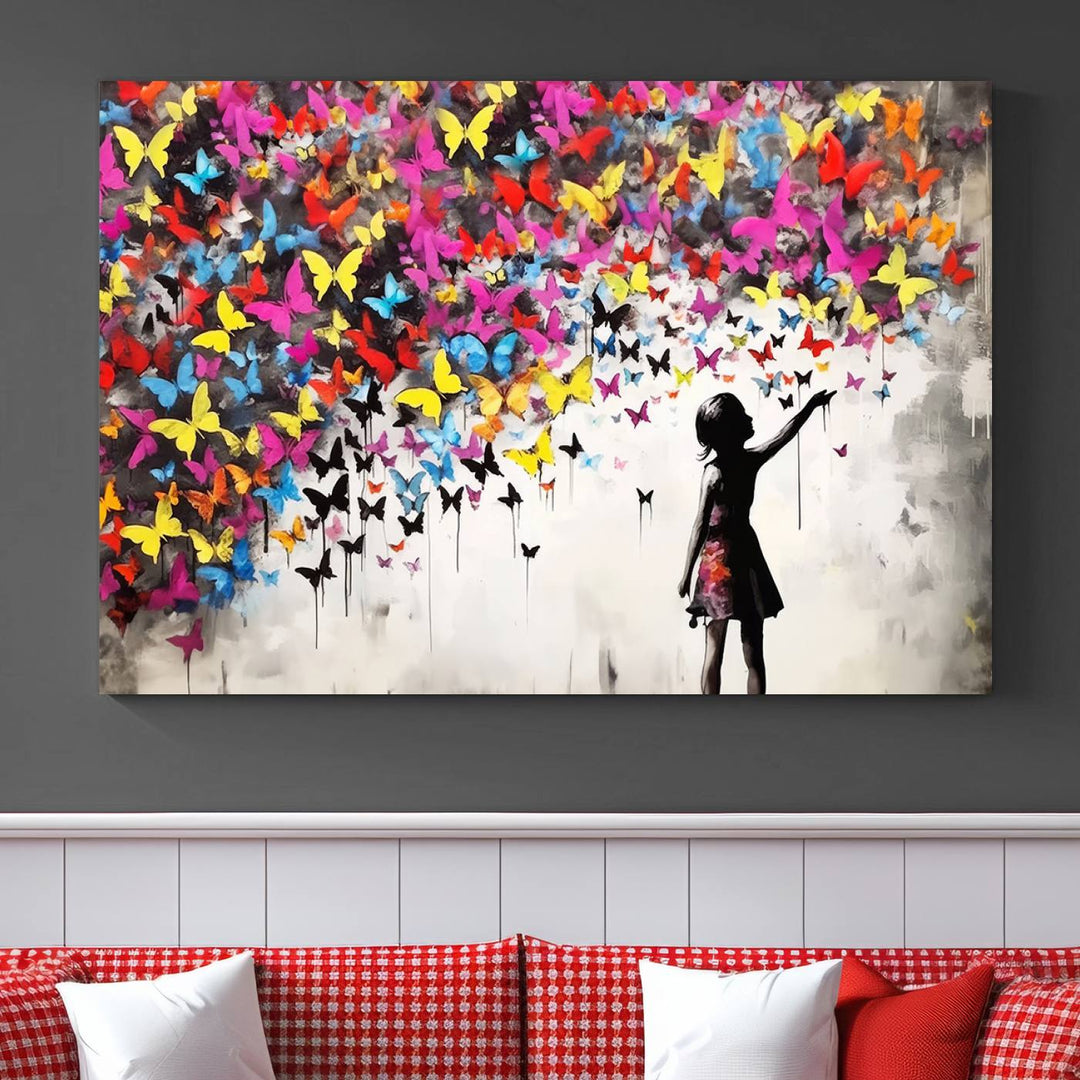 Banksy Butterflies Girl Wall Art Canvas Print | 3 Panel Butterfly Graffiti Artwork for Living Room, Office Decor, Street Art Canvas for Modern Homes