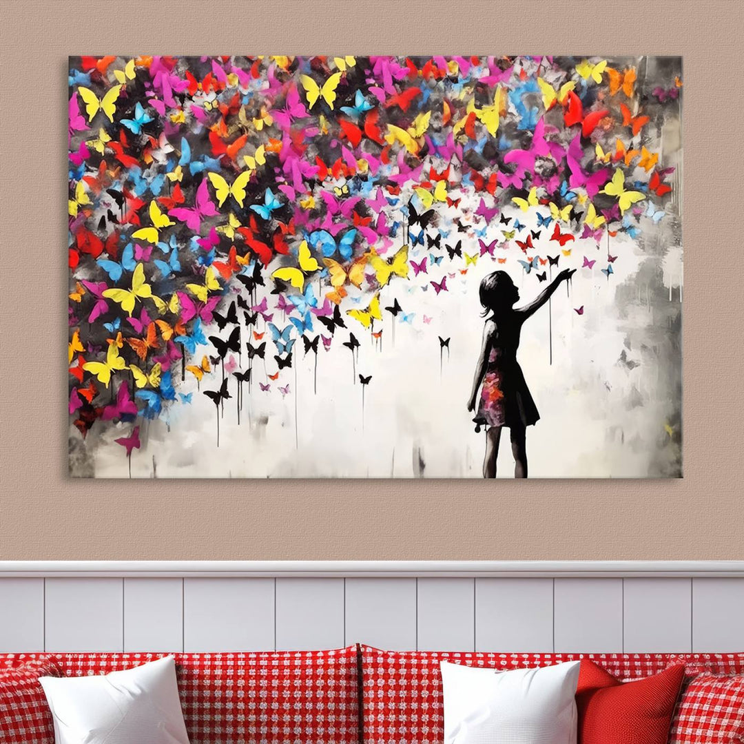 Banksy Butterflies Girl Wall Art Canvas Print | 3 Panel Butterfly Graffiti Artwork for Living Room, Office Decor, Street Art Canvas for Modern Homes