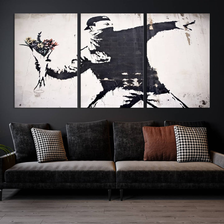 Banksy Flower Throw Graffiti Street Wall Art Canvas Print