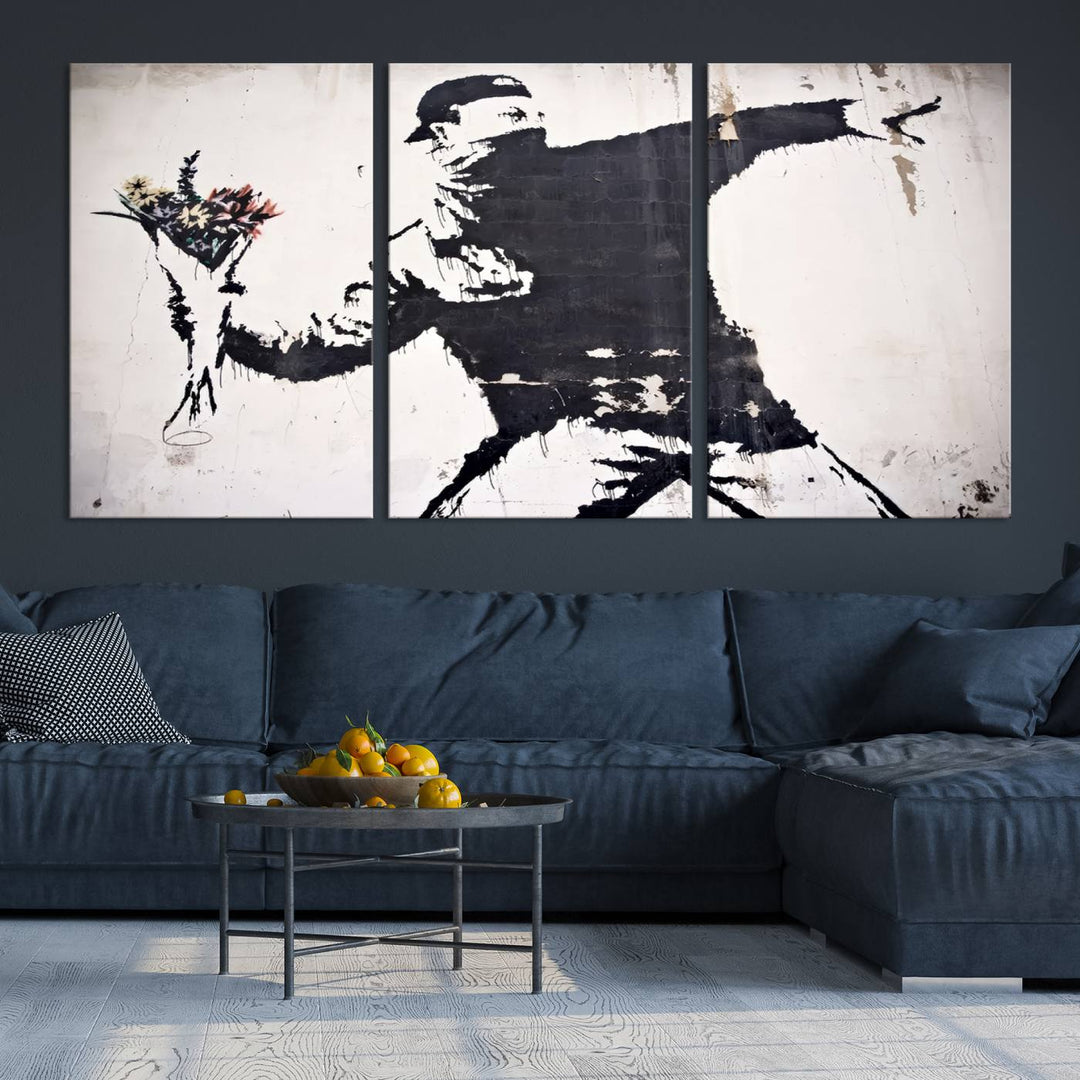 Banksy Flower Throw Graffiti Street Wall Art Canvas Print