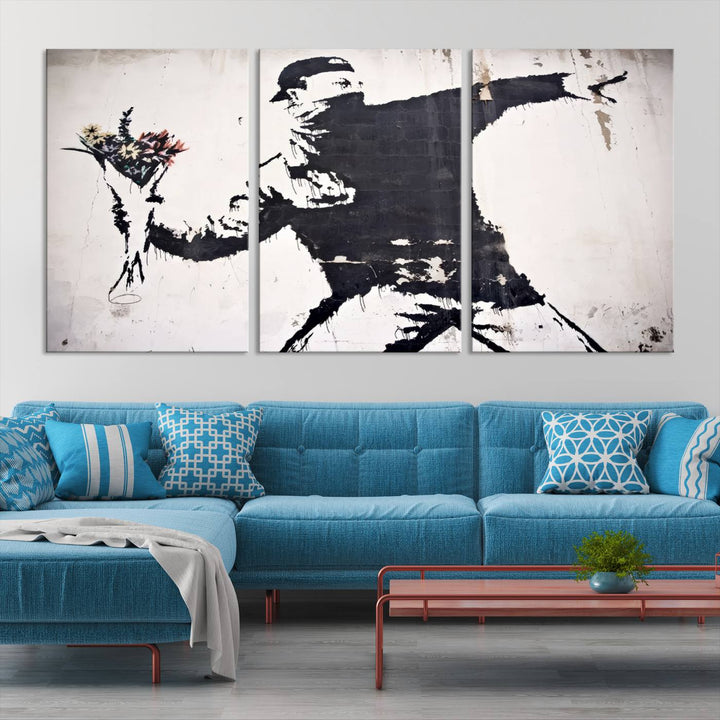 Banksy Flower Throw Graffiti Street Wall Art Canvas Print