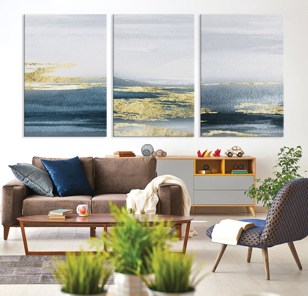 Beach Canvas Painting, Panel Ocean Landscape Wall Art, Coastal Wall Art, Framed Canvas Print, Abstract Nature