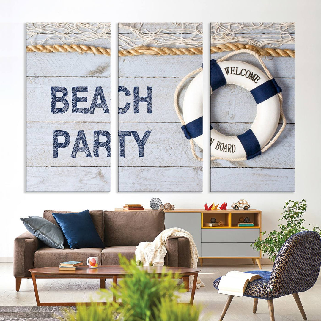 Beach Party Sign Large Canvas Print Wall Art Lifebuoy Art Sailing Wall Art Nautical Art Beach Canvas Ar