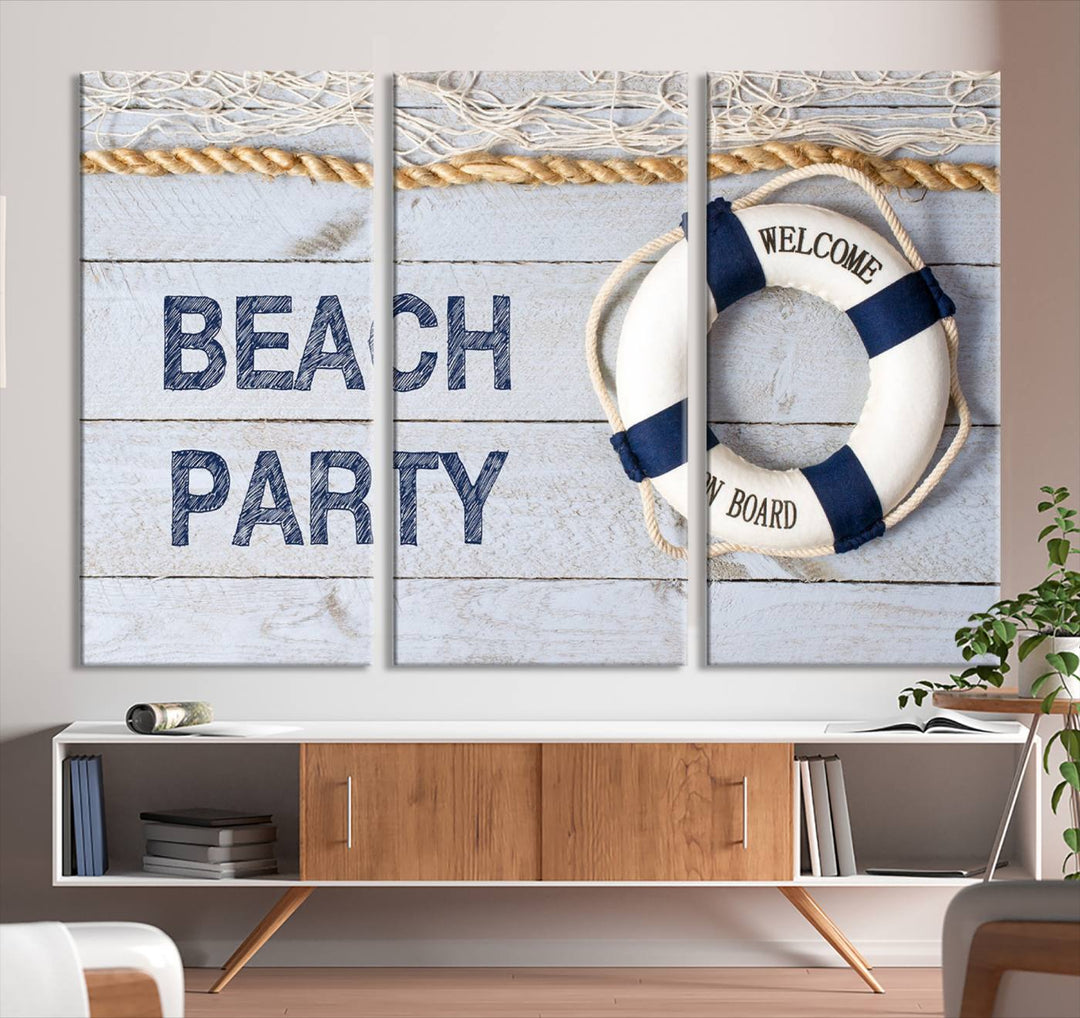 Beach Party Sign Large Canvas Print Wall Art Lifebuoy Art Sailing Wall Art Nautical Art Beach Canvas Ar