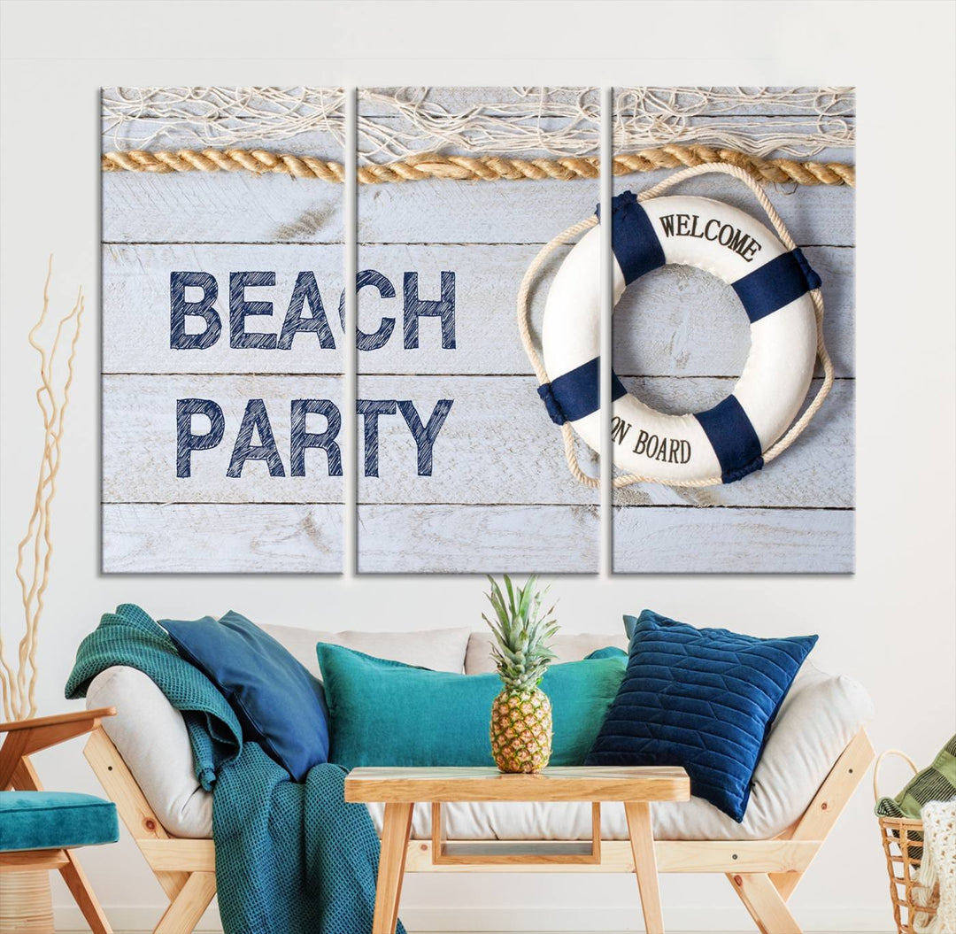 Beach Party Sign Large Canvas Print Wall Art Lifebuoy Art Sailing Wall Art Nautical Art Beach Canvas Ar