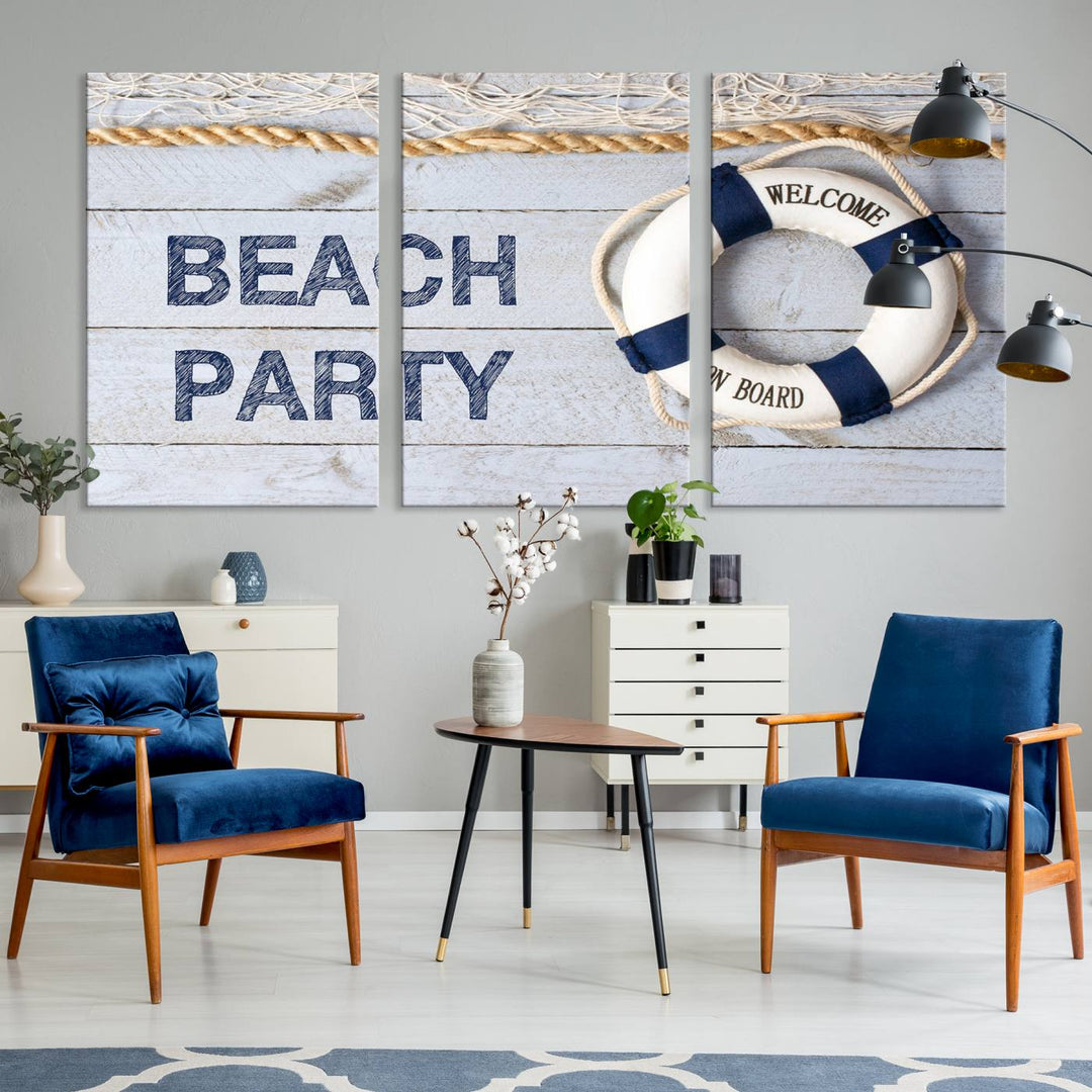 Beach Party Sign Large Canvas Print Wall Art Lifebuoy Art Sailing Wall Art Nautical Art Beach Canvas Ar