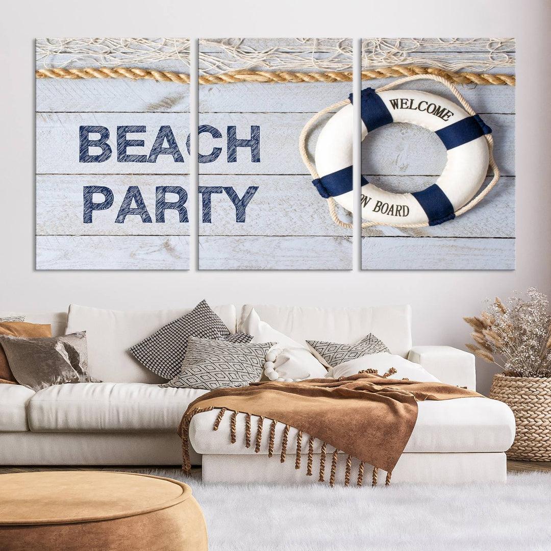 Beach Party Sign Large Canvas Print Wall Art Lifebuoy Art Sailing Wall Art Nautical Art Beach Canvas Ar