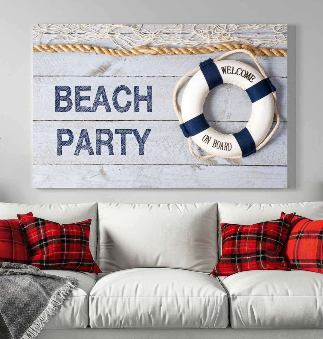 Beach Party Sign Large Canvas Print Wall Art Lifebuoy Art Sailing Wall Art Nautical Art Beach Canvas Ar