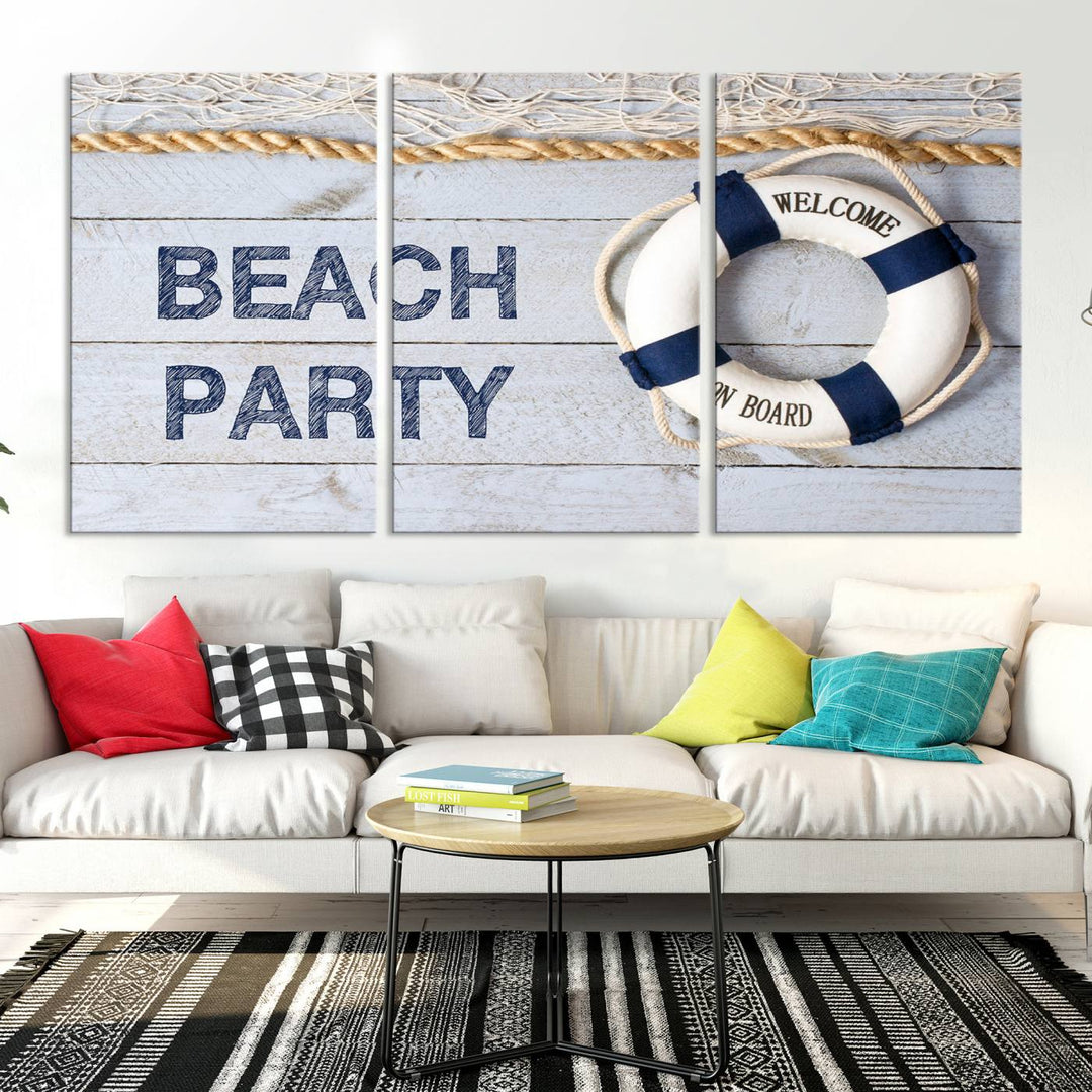 Beach Party Sign Large Canvas Print Wall Art Lifebuoy Art Sailing Wall Art Nautical Art Beach Canvas Ar