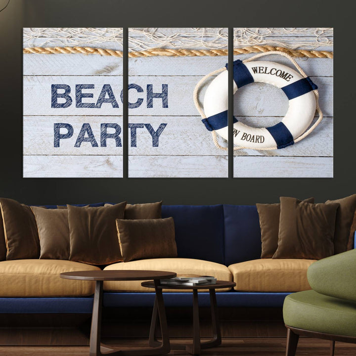 Beach Party Sign Large Canvas Print Wall Art Lifebuoy Art Sailing Wall Art Nautical Art Beach Canvas Ar