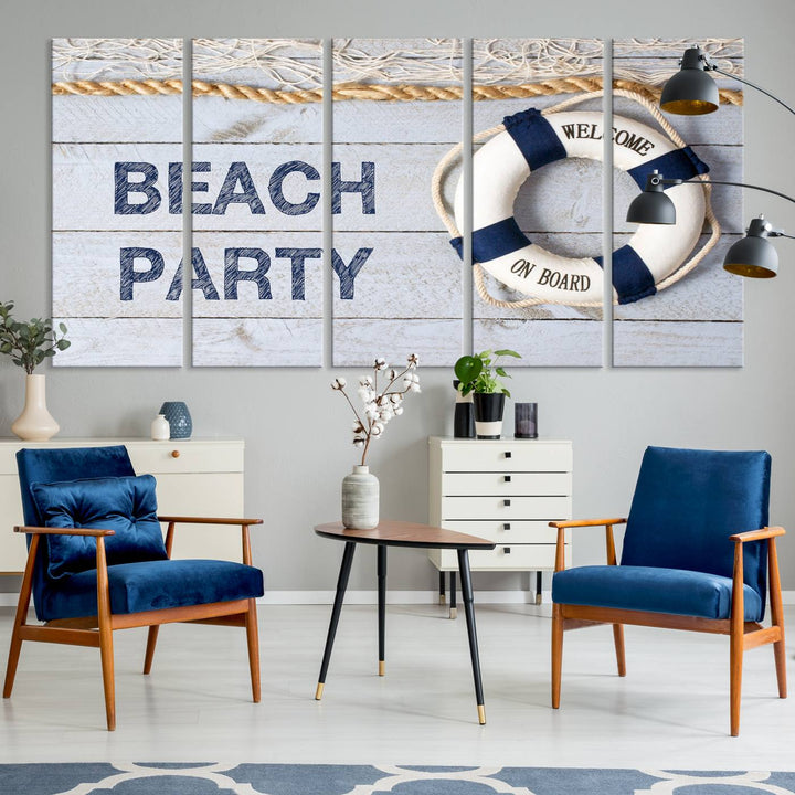 Beach Party Sign Large Canvas Print Wall Art Lifebuoy Art Sailing Wall Art Nautical Art Beach Canvas Ar