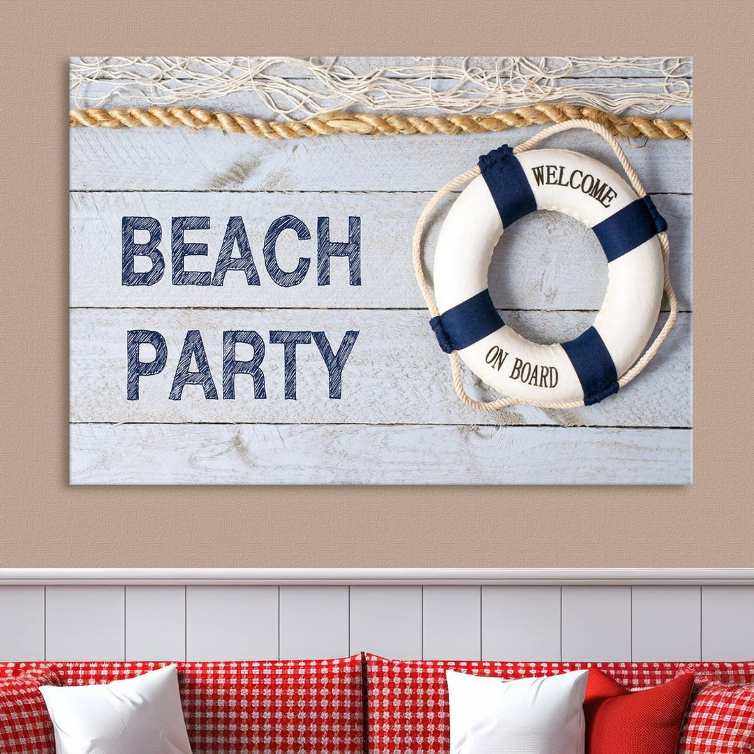 Beach Party Sign Large Canvas Print Wall Art Lifebuoy Art Sailing Wall Art Nautical Art Beach Canvas Ar