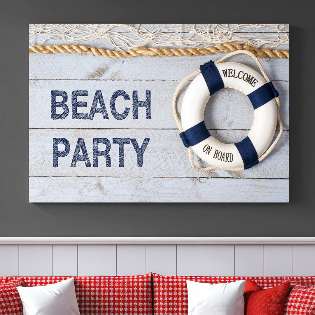 Beach Party Sign Large Canvas Print Wall Art Lifebuoy Art Sailing Wall Art Nautical Art Beach Canvas Ar