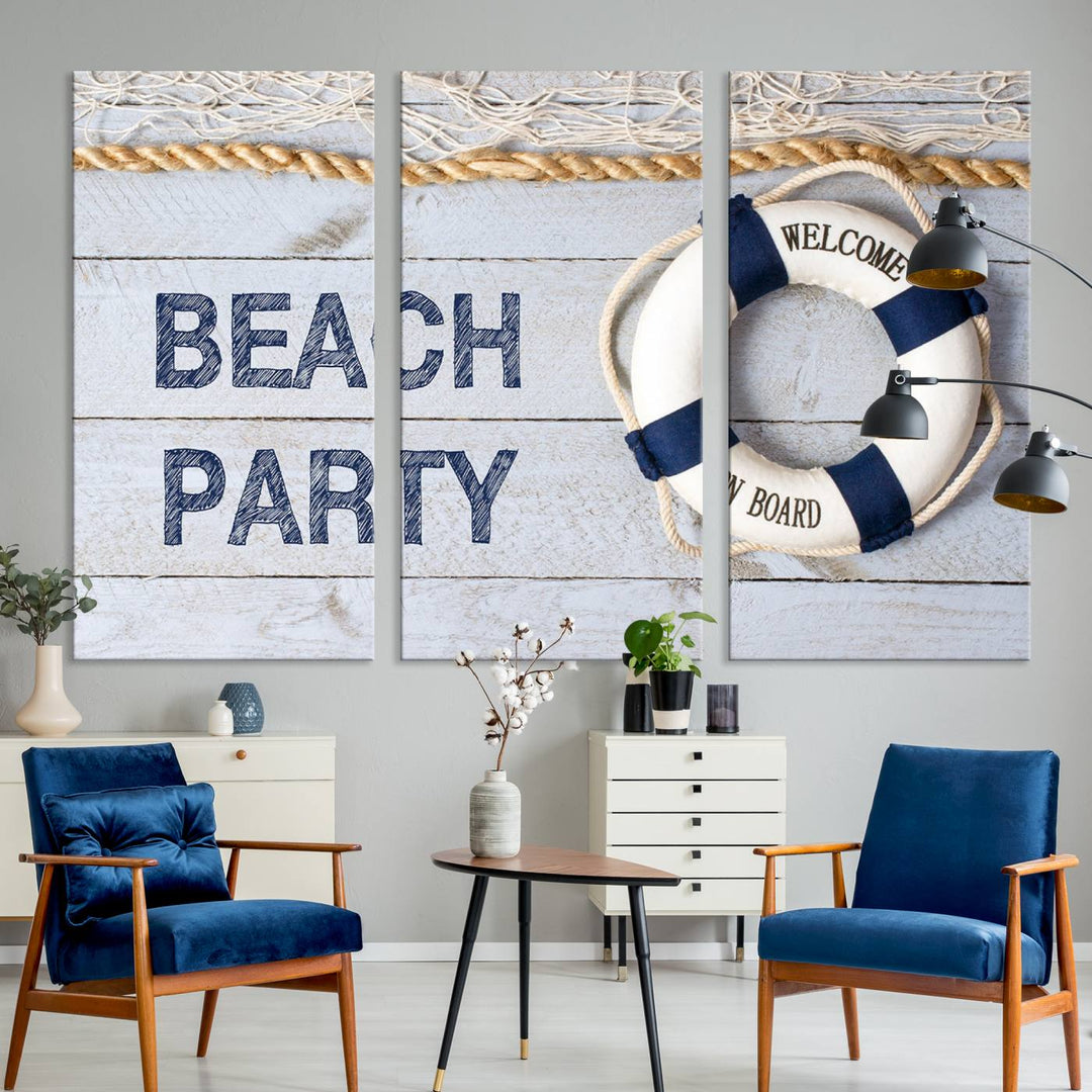 Beach Party Sign Large Canvas Print Wall Art Lifebuoy Art Sailing Wall Art Nautical Art Beach Canvas Ar