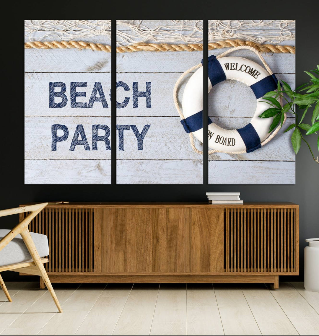 Beach Party Sign Large Canvas Print Wall Art Lifebuoy Art Sailing Wall Art Nautical Art Beach Canvas Ar