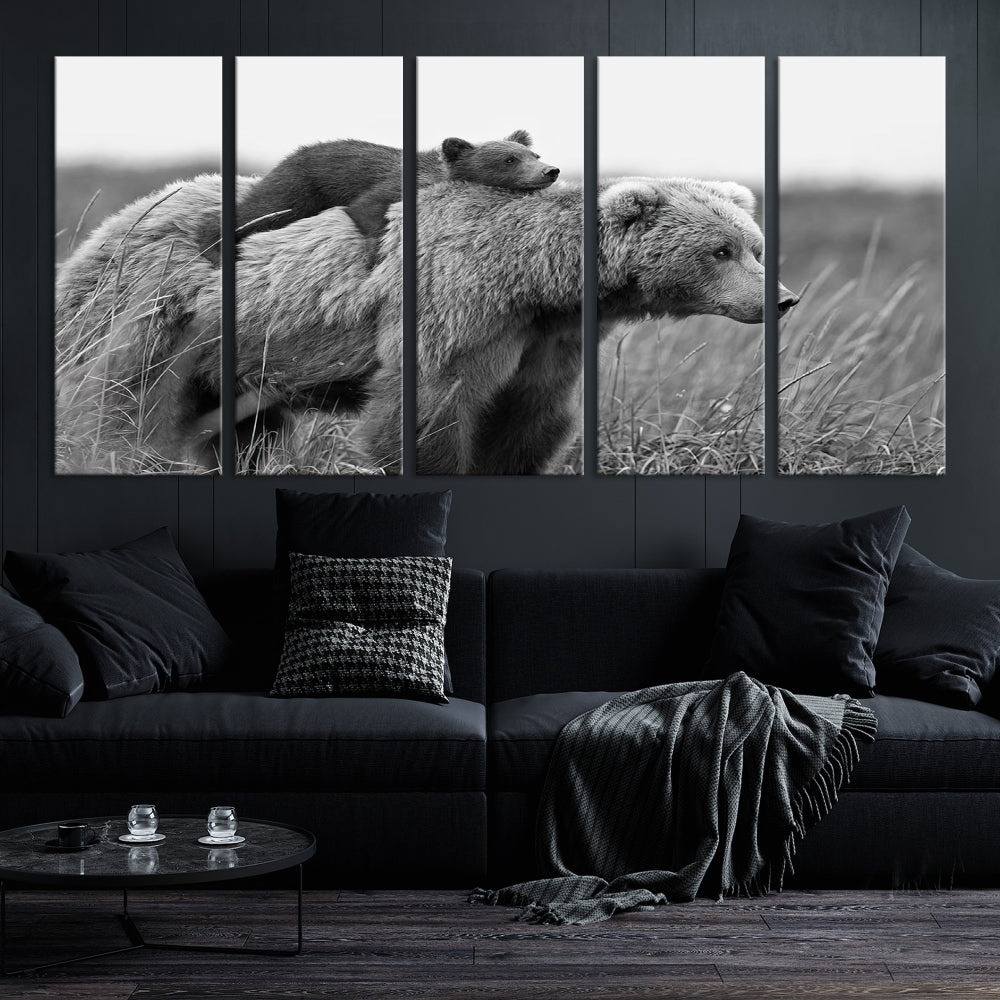 Bear and Cub Canvas Print Black and White Animal Wall Art Cabin Wall Decor