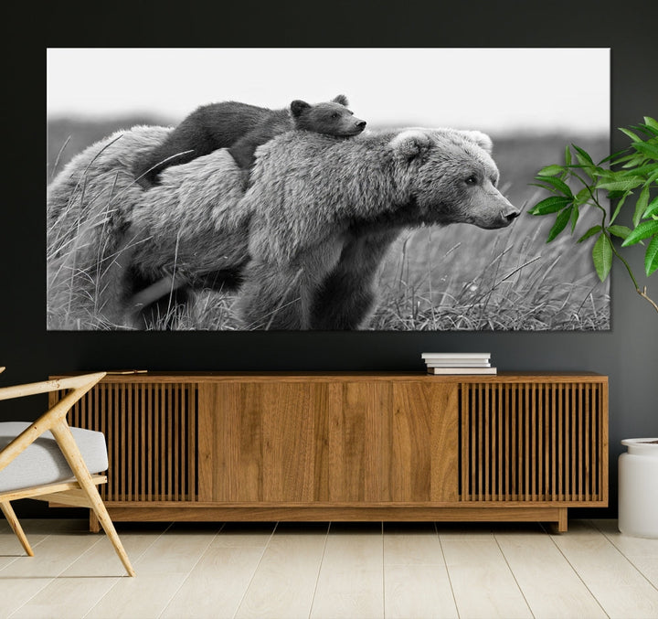 Bear and Cub Canvas Print Black and White Animal Wall Art Cabin Wall Decor