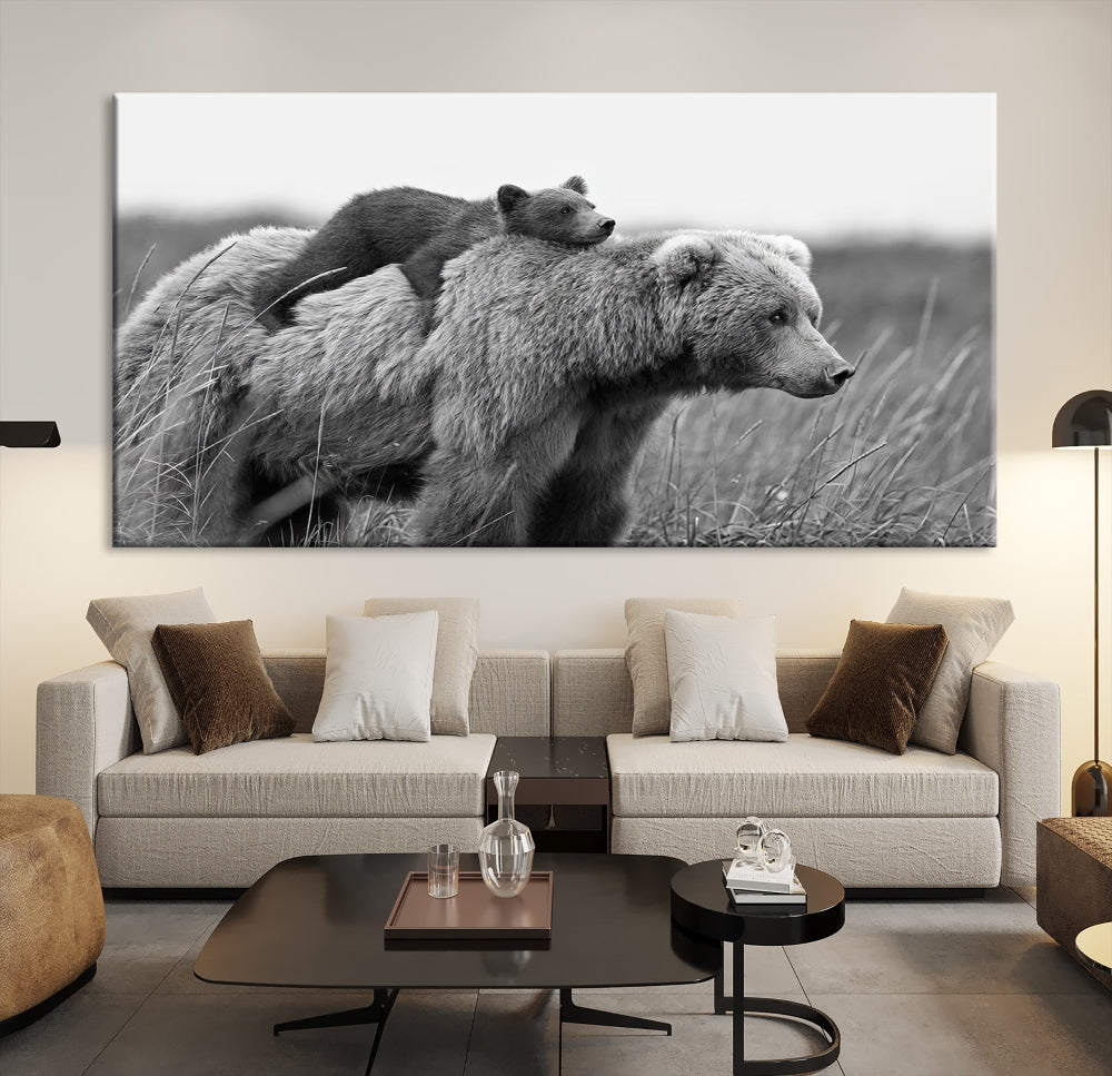 Bear and Cub Canvas Print Black and White Animal Wall Art Cabin Wall Decor