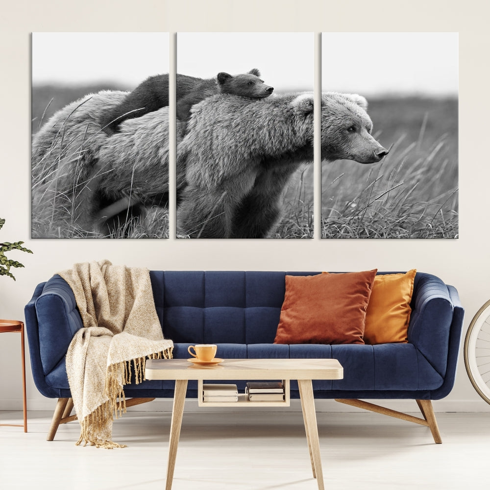 Bear and Cub Canvas Print Black and White Animal Wall Art Cabin Wall Decor