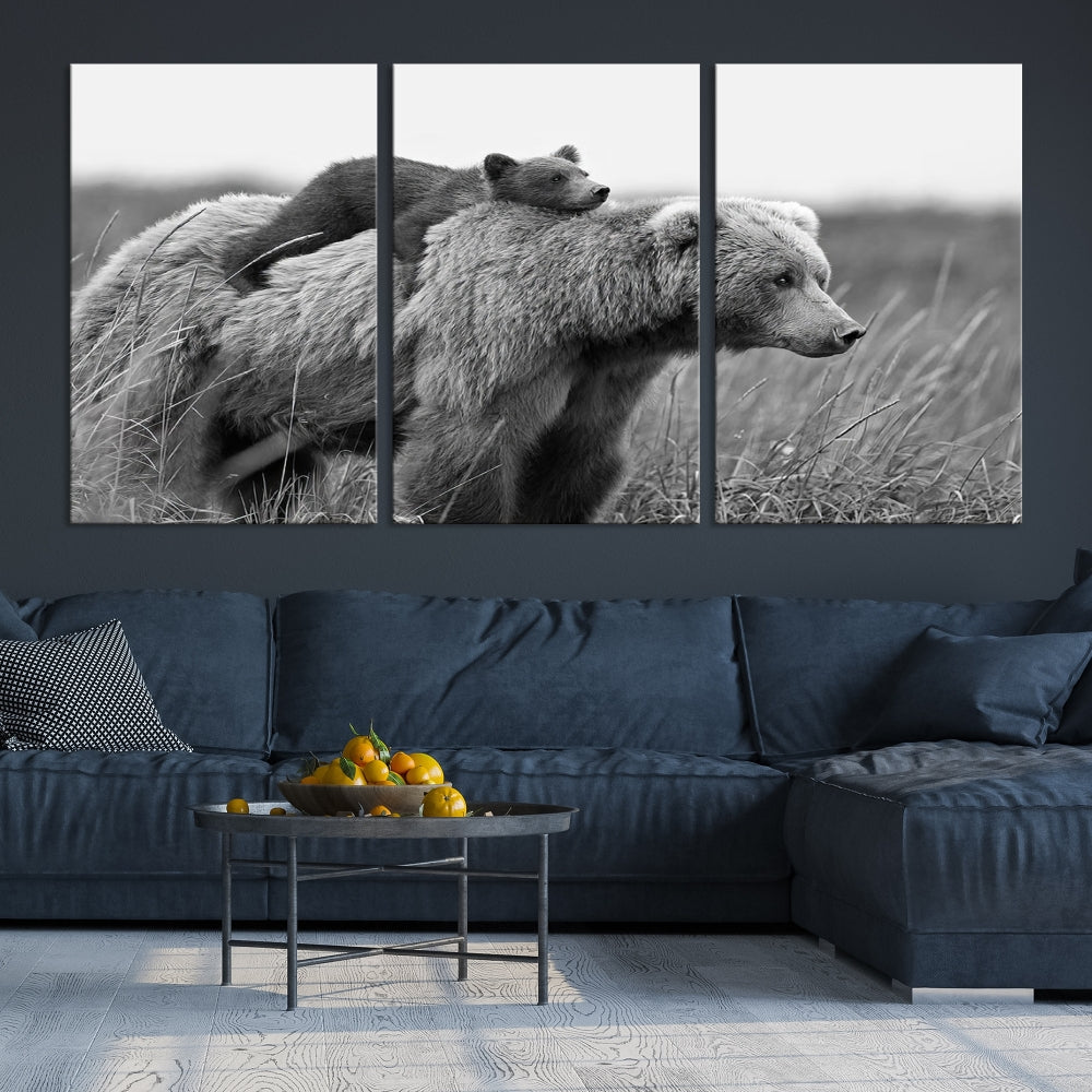 Bear and Cub Canvas Print Black and White Animal Wall Art Cabin Wall Decor