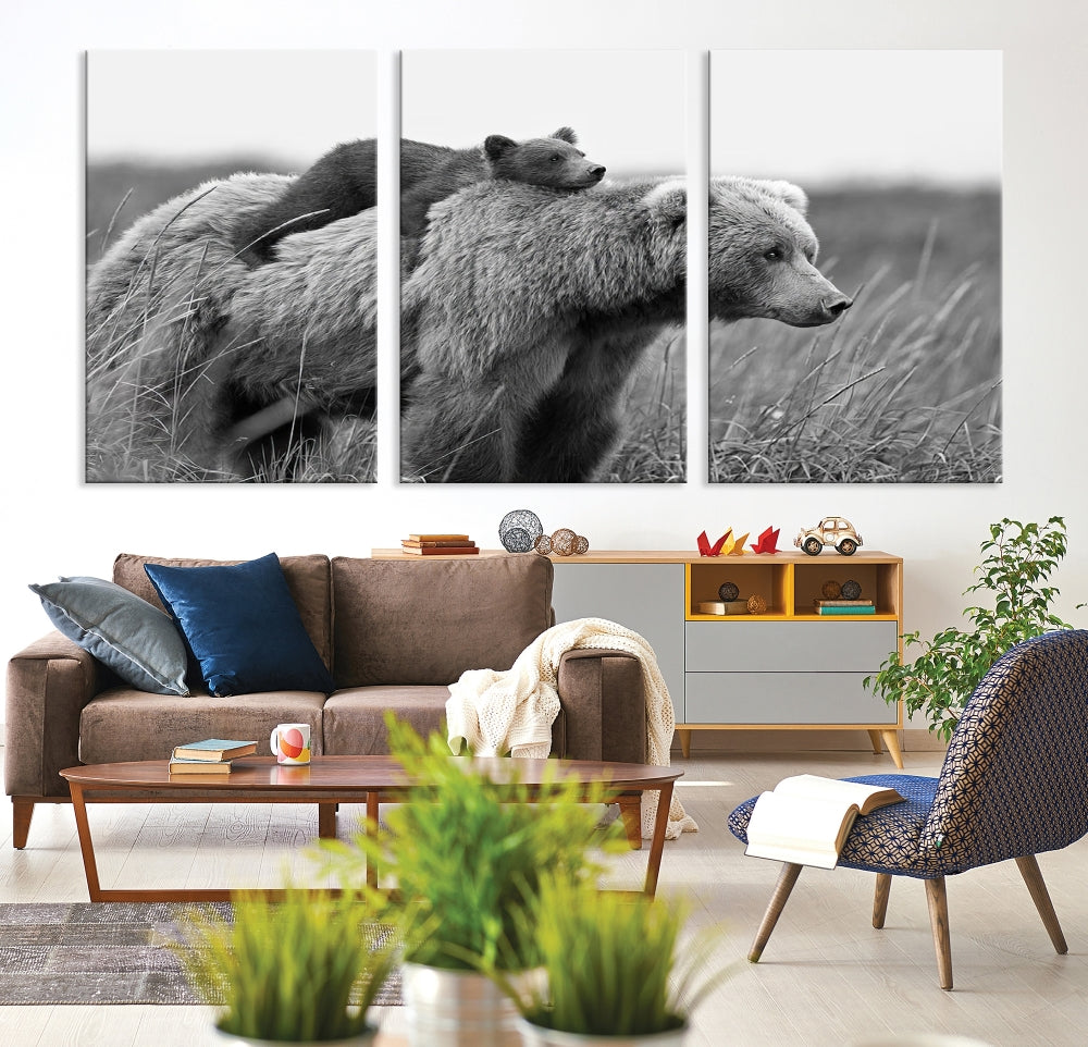 Bear and Cub Canvas Print Black and White Animal Wall Art Cabin Wall Decor