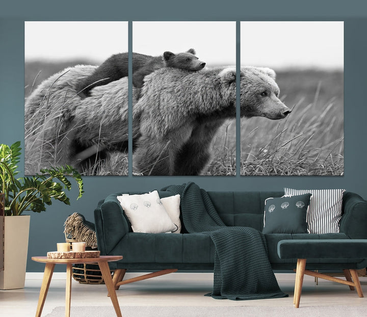 Bear and Cub Canvas Print Black and White Animal Wall Art Cabin Wall Decor