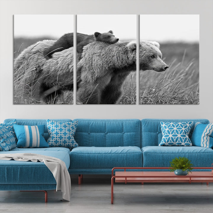 Bear and Cub Canvas Print Black and White Animal Wall Art Cabin Wall Decor