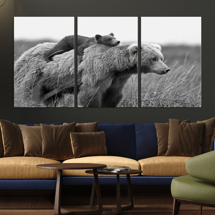 Bear and Cub Canvas Print Black and White Animal Wall Art Cabin Wall Decor