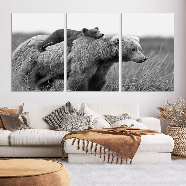 Bear and Cub Canvas Print Black and White Animal Wall Art Cabin Wall Decor